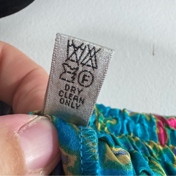 Vintage Silk Floral Midi Skirt Teal Botanical Boho Elastic Waist 14 - Picture 4 of 4